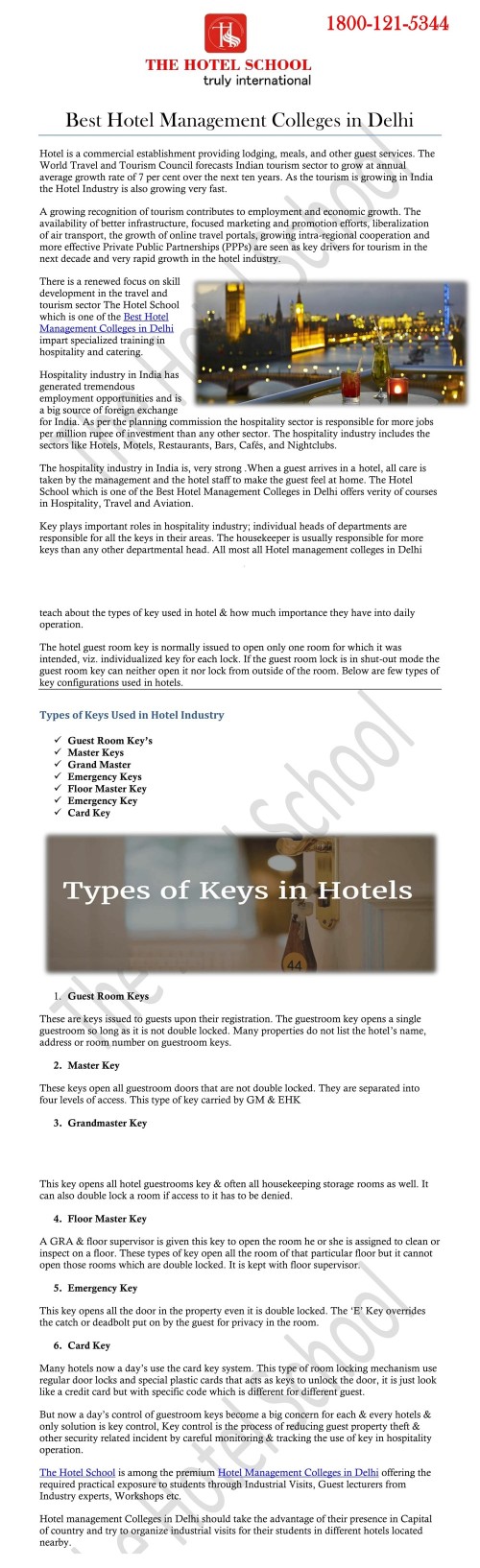 http://thehotelschool.com/best-hotel-management-institutes-in-delhi.html | The Hotel School, New Delhi is among the best Hotel Management Institutes in Delhi have a motive of providing students quality education, grooming them for future and enhancing the techniques and skills required to become best hospitality professionals. The Hotel School is the most sought after Hotel Management Institute in Delhi located at Kapashera in close Proximity to Indira Gandhi International Airport, New Delhi. With globalization and liberalization being the hallmark of the present world, the tourism sector has been expanding like never before.